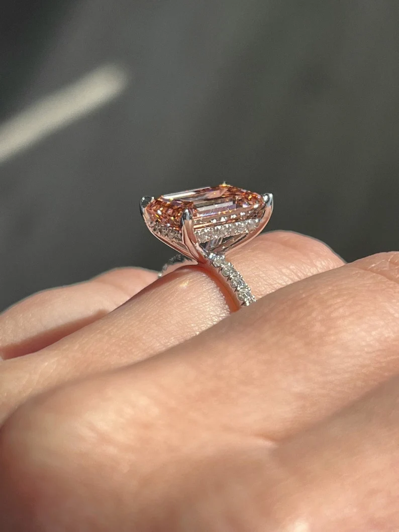 Peach Morganite Emerald Cut Engagement Ring in Sterling Silver - Hidden Halo Anniversary Ring For Woman