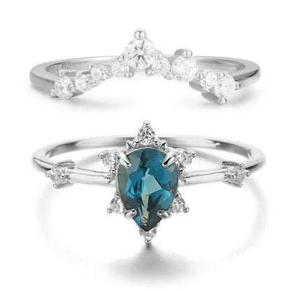 Blue Topaz Ring & Twinkle Band Ring Set in 925 Sterling Silver Promise Ring Anniversary Gift For Her