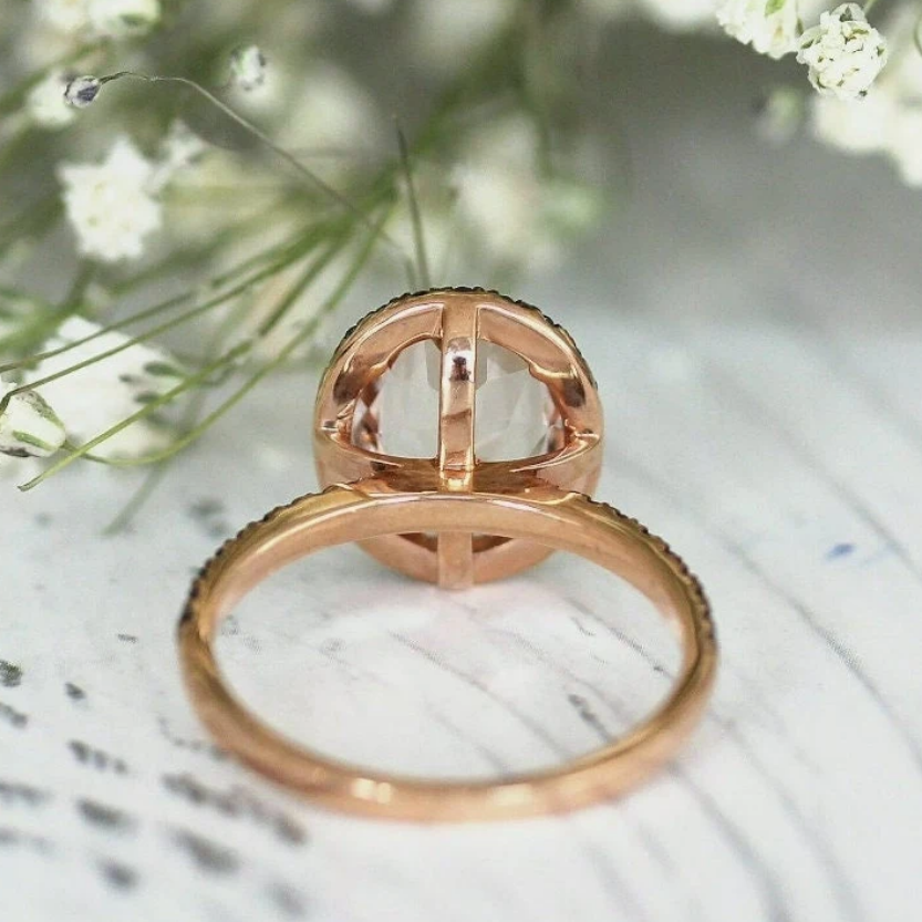 Oval Morganite & Black Diamond Ring in 14K Rose Gold Vermeil Engagement Promise Ring For Women- Anniversary Birthday Gift for Her