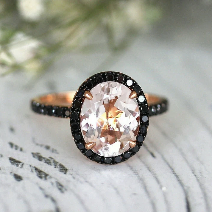 Oval Morganite & Black Diamond Ring in 14K Rose Gold Vermeil Engagement Promise Ring For Women- Anniversary Birthday Gift for Her