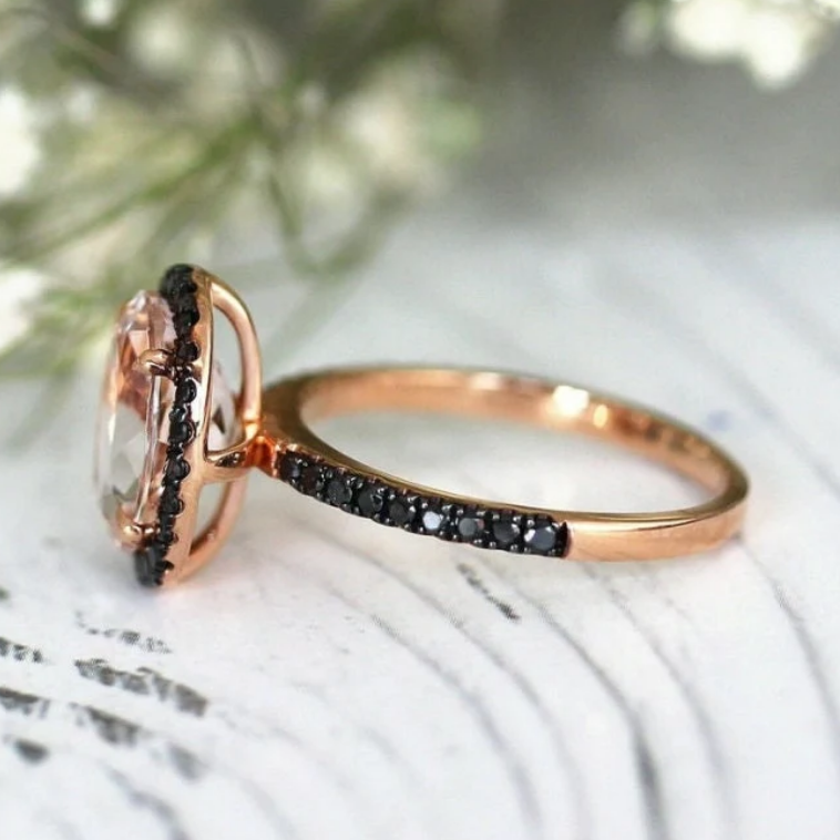 Oval Morganite & Black Diamond Ring in 14K Rose Gold Vermeil Engagement Promise Ring For Women- Anniversary Birthday Gift for Her