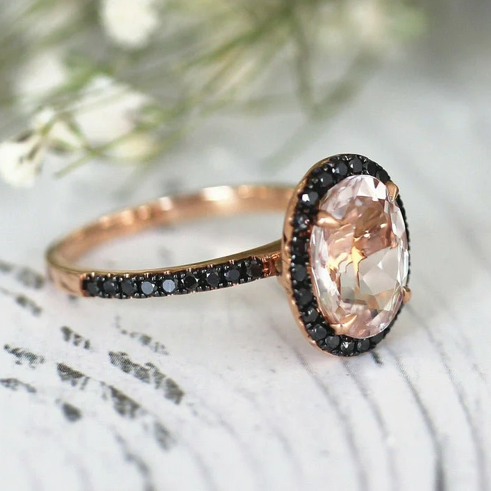 Oval Morganite & Black Diamond Ring in 14K Rose Gold Vermeil Engagement Promise Ring For Women- Anniversary Birthday Gift for Her