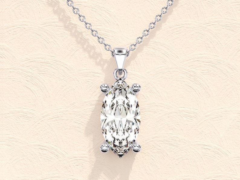 Marquise Cut Solitaire Pendant Necklace 18” In Sterling Silver