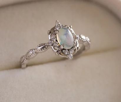 Vintage Natural Opal Ring in 925 Sterling Silver - Engagement Promise Ring For Women October Birthstone