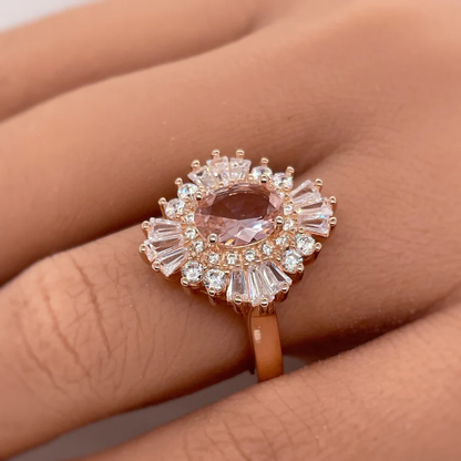 Art Deco Oval Morganite & Baguette Halo Victorian Engagement Ring in 14K Rose Gold Finish - Gift For Her