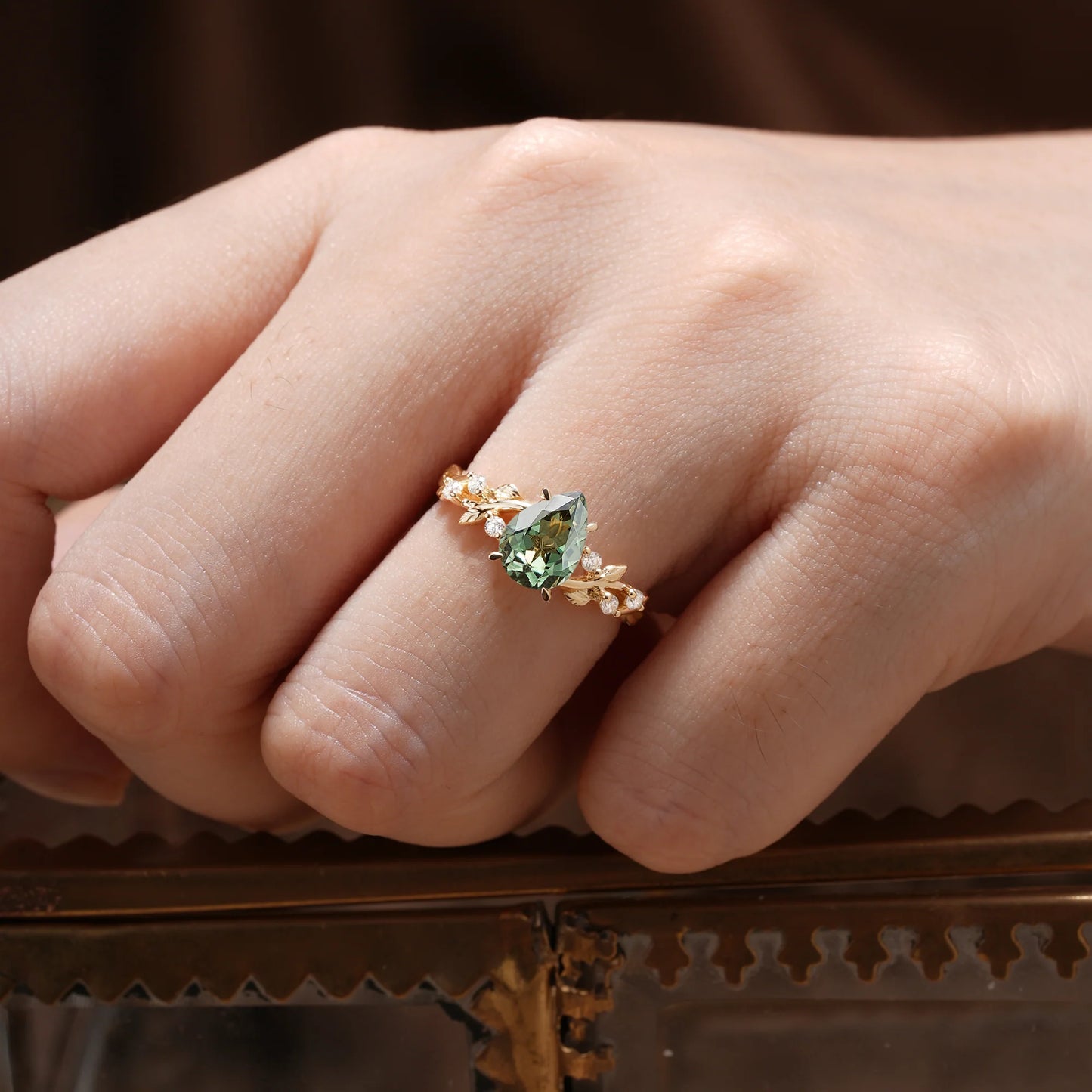 Green Sapphire Leaf Engagement Ring in 18K Yellow Gold Vermeil Fantasy Inspired Promise Ring