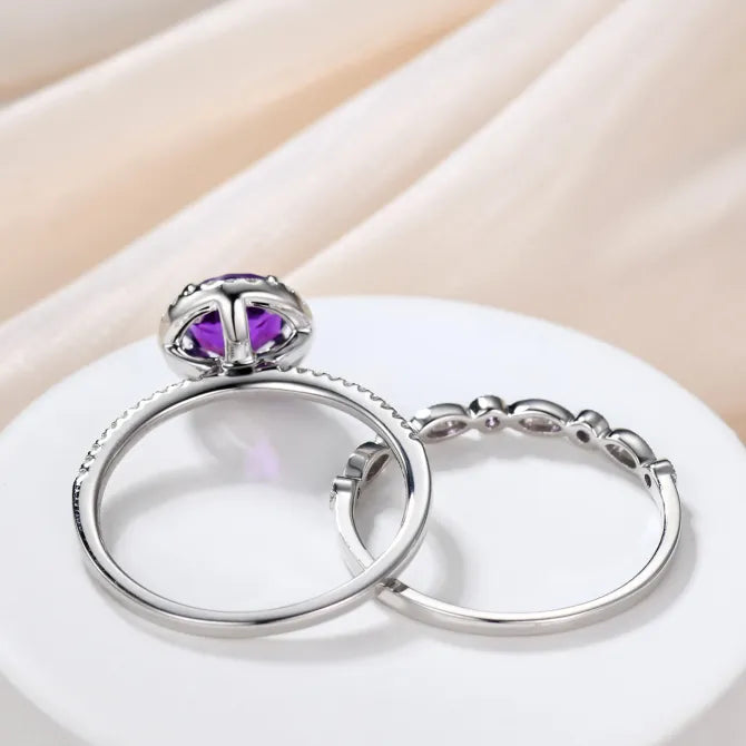 Amethyst & White Diamond Engagement Ring Set in Sterling Silver - Wedding Band Gift For Her Promise Women Anniversary February Birthstone 2pcs