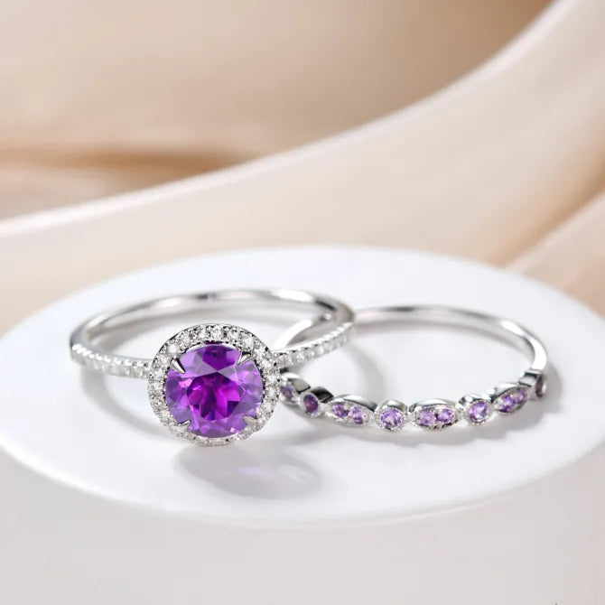 Amethyst & White Diamond Engagement Ring Set in Sterling Silver - Wedding Band Gift For Her Promise Women Anniversary February Birthstone 2pcs