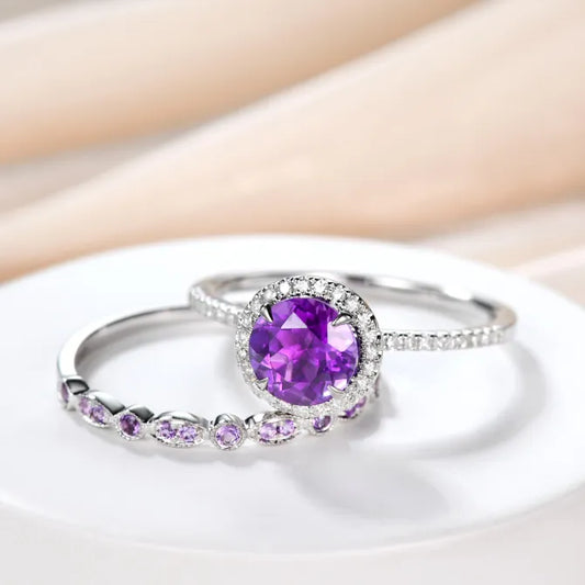 Amethyst & White Diamond Engagement Ring Set in Sterling Silver - Wedding Band Gift For Her Promise Women Anniversary February Birthstone 2pcs