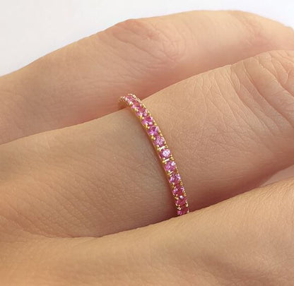 Pink Sapphire Eternity Band in 18k Gold Plated - Sapphire Wedding Ring - Matching Band