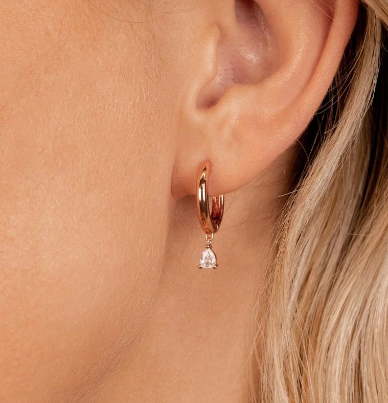 Pear Shaped Diamond Hoop Earring in 925 Sterling Silver with 18k Rose Gold Plating - Gift For Christmas