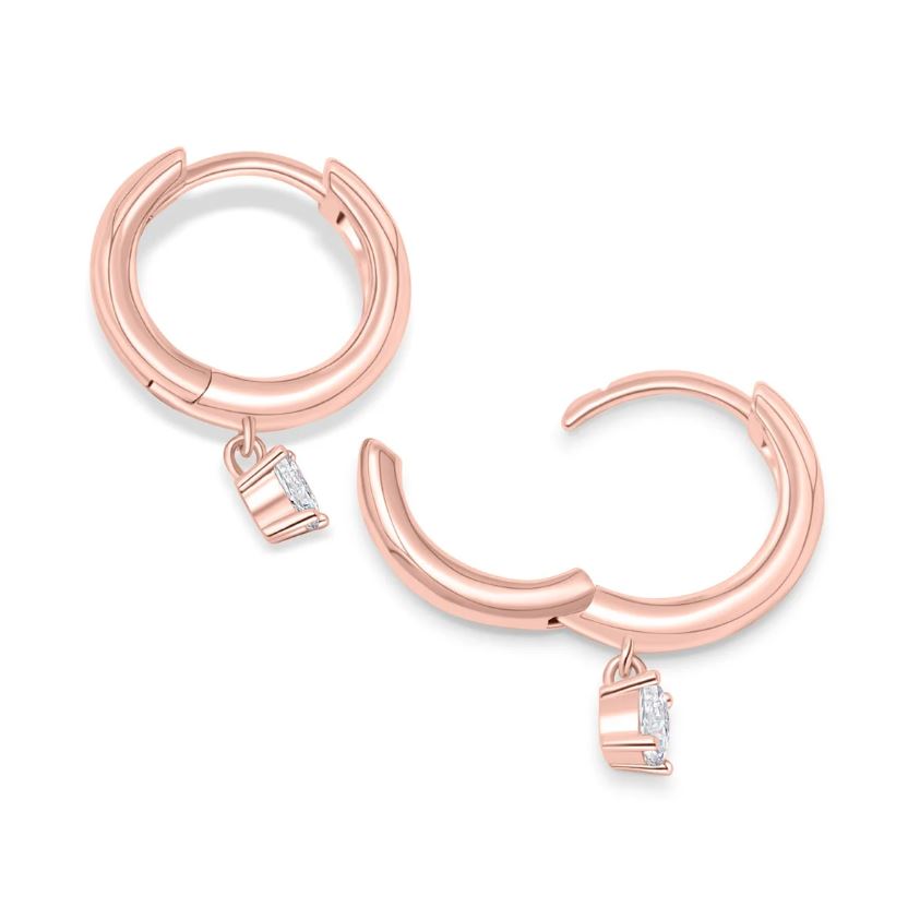 Oval Shaped Diamond Dangle Hoop Earring in 925 Sterling Silver with 18k Rose Gold Plating - Gift For Mom