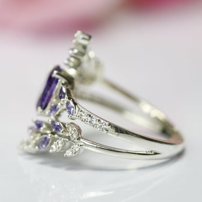 Amethyst & Diamond Engagement Ring in 925 Sterling Silver Bridal leaf Ring - Anniversary Gift