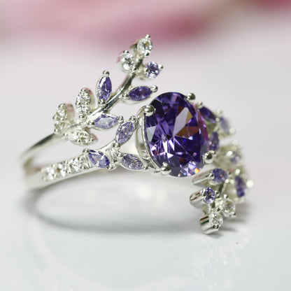 Amethyst & Diamond Engagement Ring in 925 Sterling Silver Bridal leaf Ring - Anniversary Gift