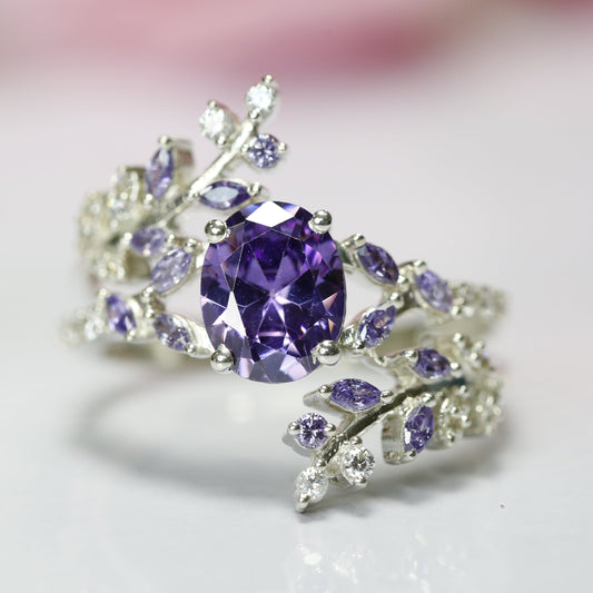 Amethyst & Diamond Engagement Ring in 925 Sterling Silver Bridal leaf Ring - Anniversary Gift