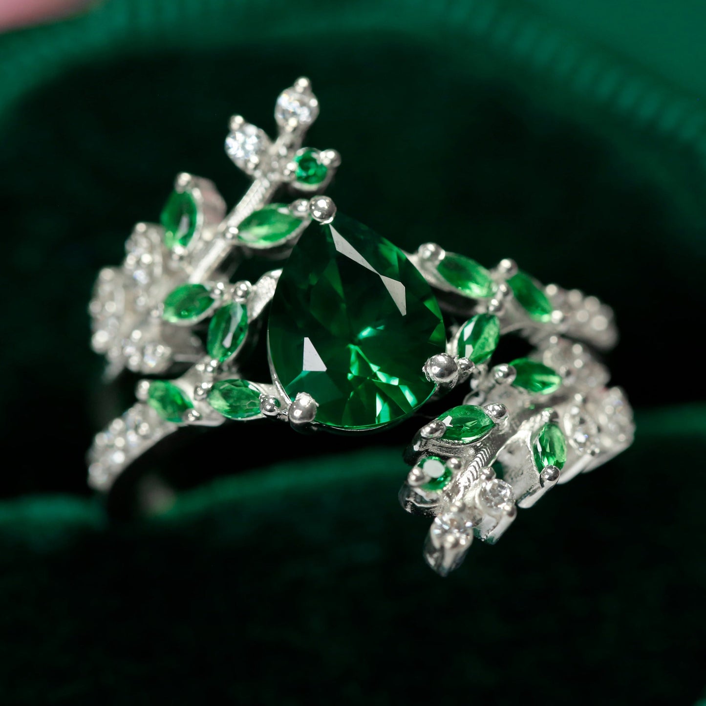 Emerald Leaf Engagement Ring - Unique Promise Ring For Her - Emerald Birthstone - May Birthstone