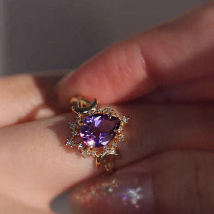 Pear Cut Amethyst Alice Star & Moon Magic Engagement Ring in 14k Yellow Gold Vermeil - Gift For Her