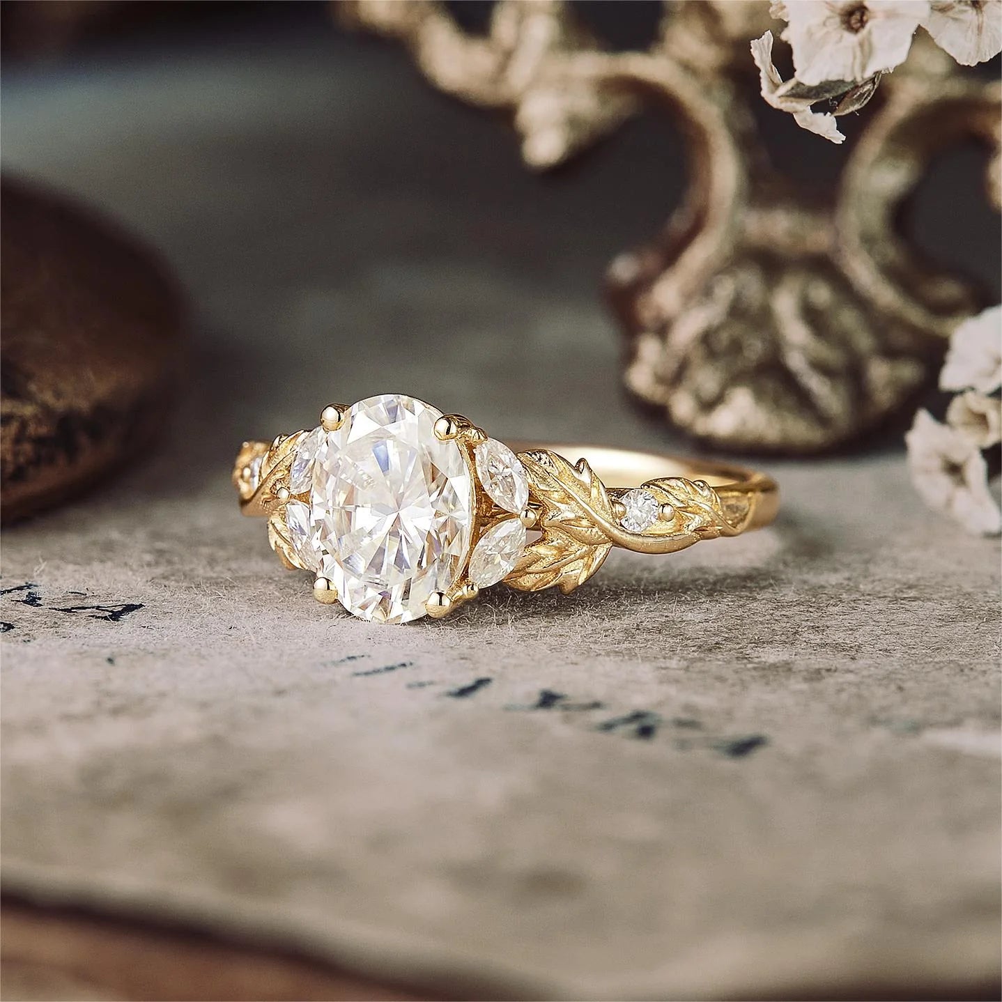 Crossed Leaf Diamond Engagement Ring in 18K Yellow Gold Vermeil Nature Inspired Leaf Ring