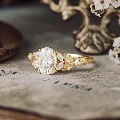 Crossed Leaf Diamond Engagement Ring in 18K Yellow Gold Vermeil Nature Inspired Leaf Ring