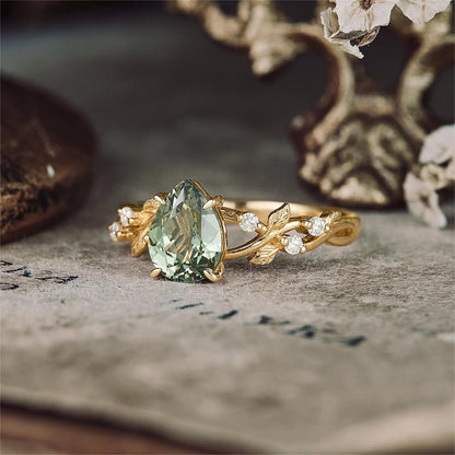 Green Sapphire Leaf Engagement Ring in 18K Yellow Gold Vermeil Fantasy Inspired Promise Ring