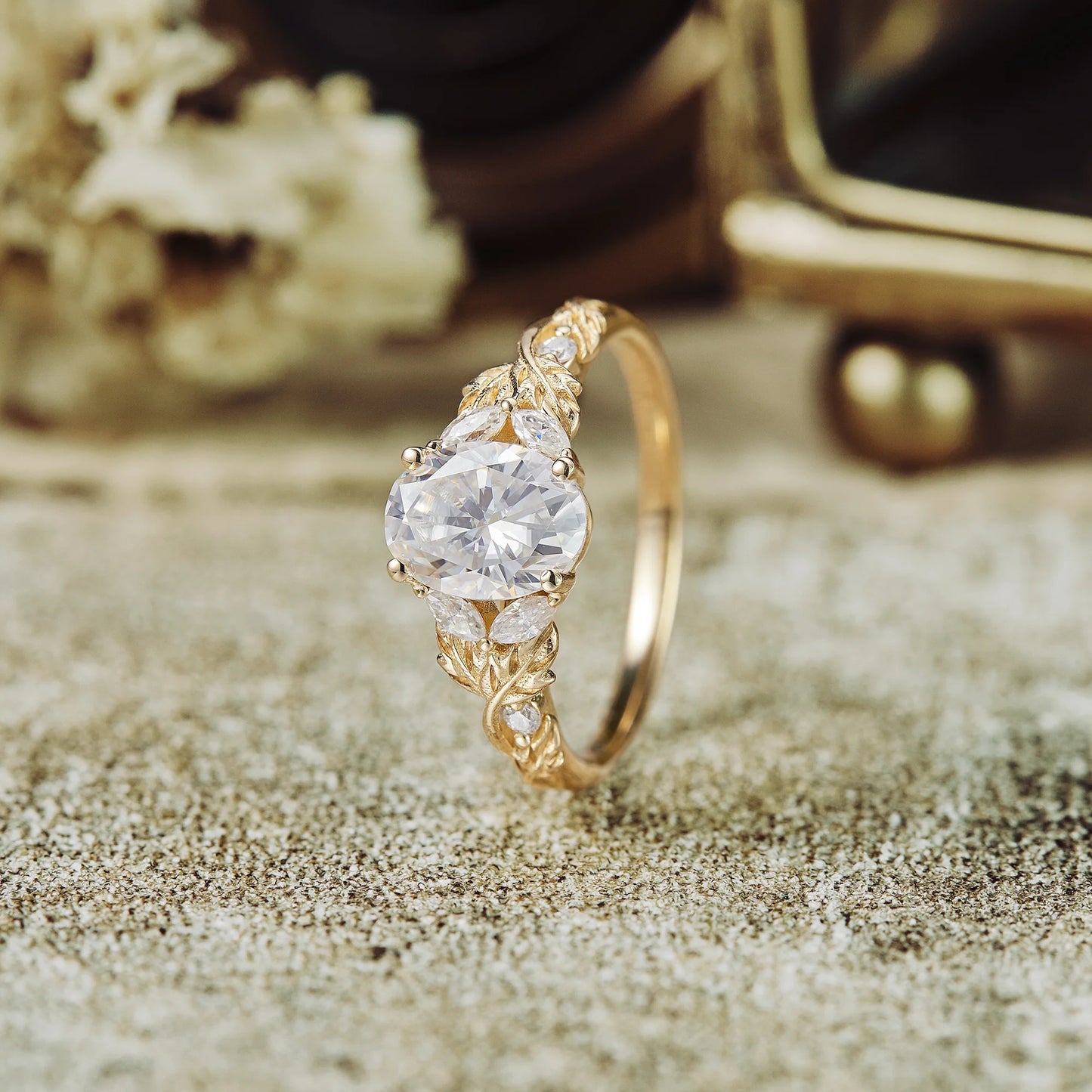 Crossed Leaf Diamond Engagement Ring in 18K Yellow Gold Vermeil Nature Inspired Leaf Ring