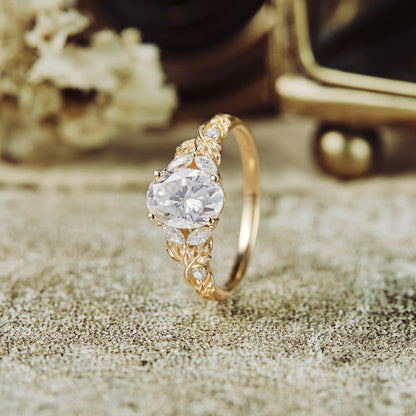 Crossed Leaf Diamond Engagement Ring in 18K Yellow Gold Vermeil Nature Inspired Leaf Ring