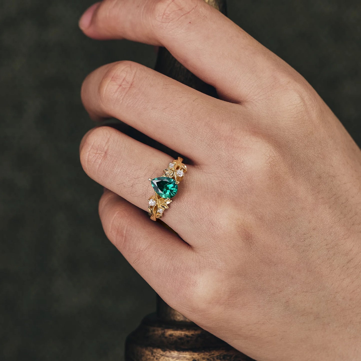 Art Deco Emerald Engagement Promise Ring For Women 18K Yellow Gold Vermeil May Birthstone Ring For Mom