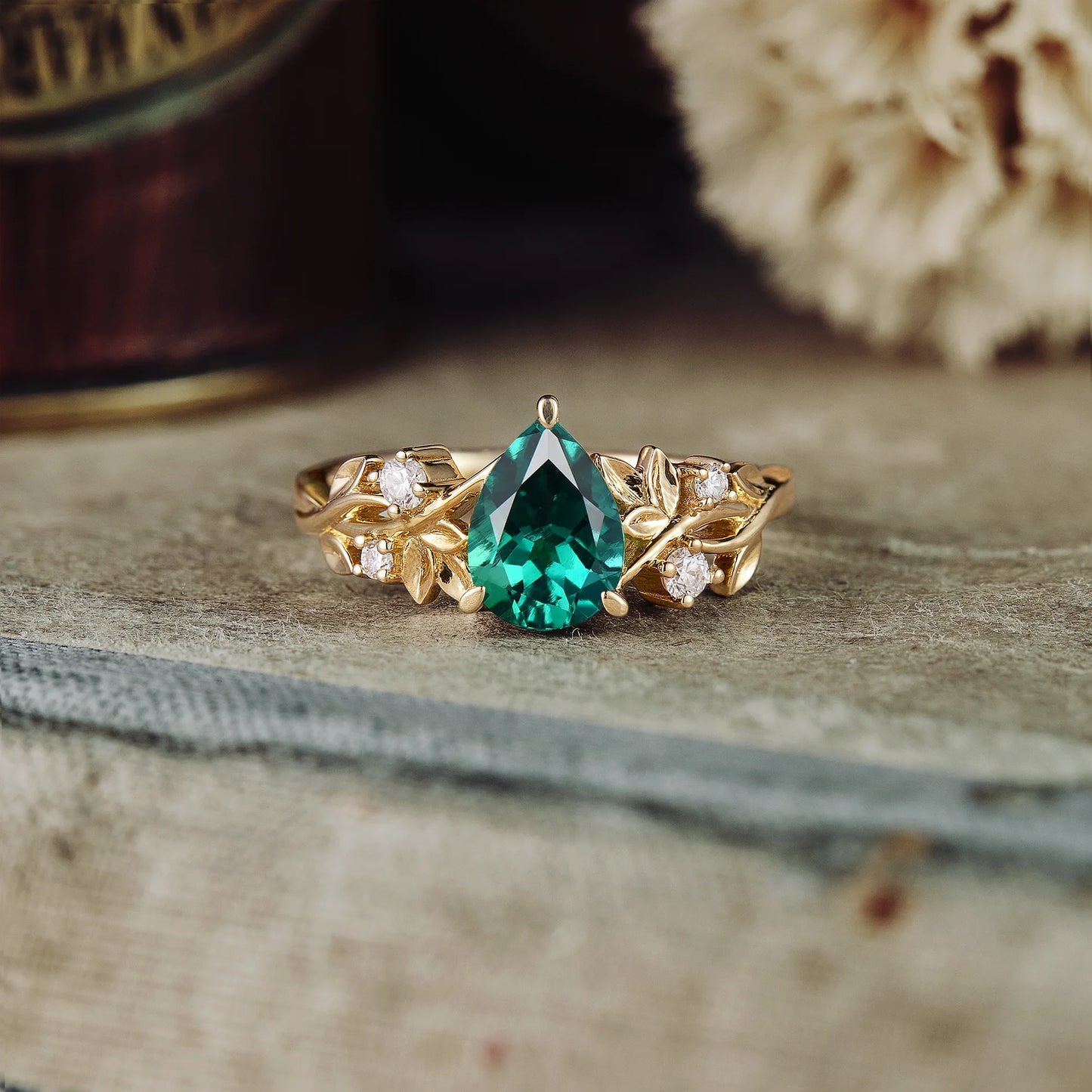 Art Deco Emerald Engagement Promise Ring For Women 18K Yellow Gold Vermeil May Birthstone Ring For Mom