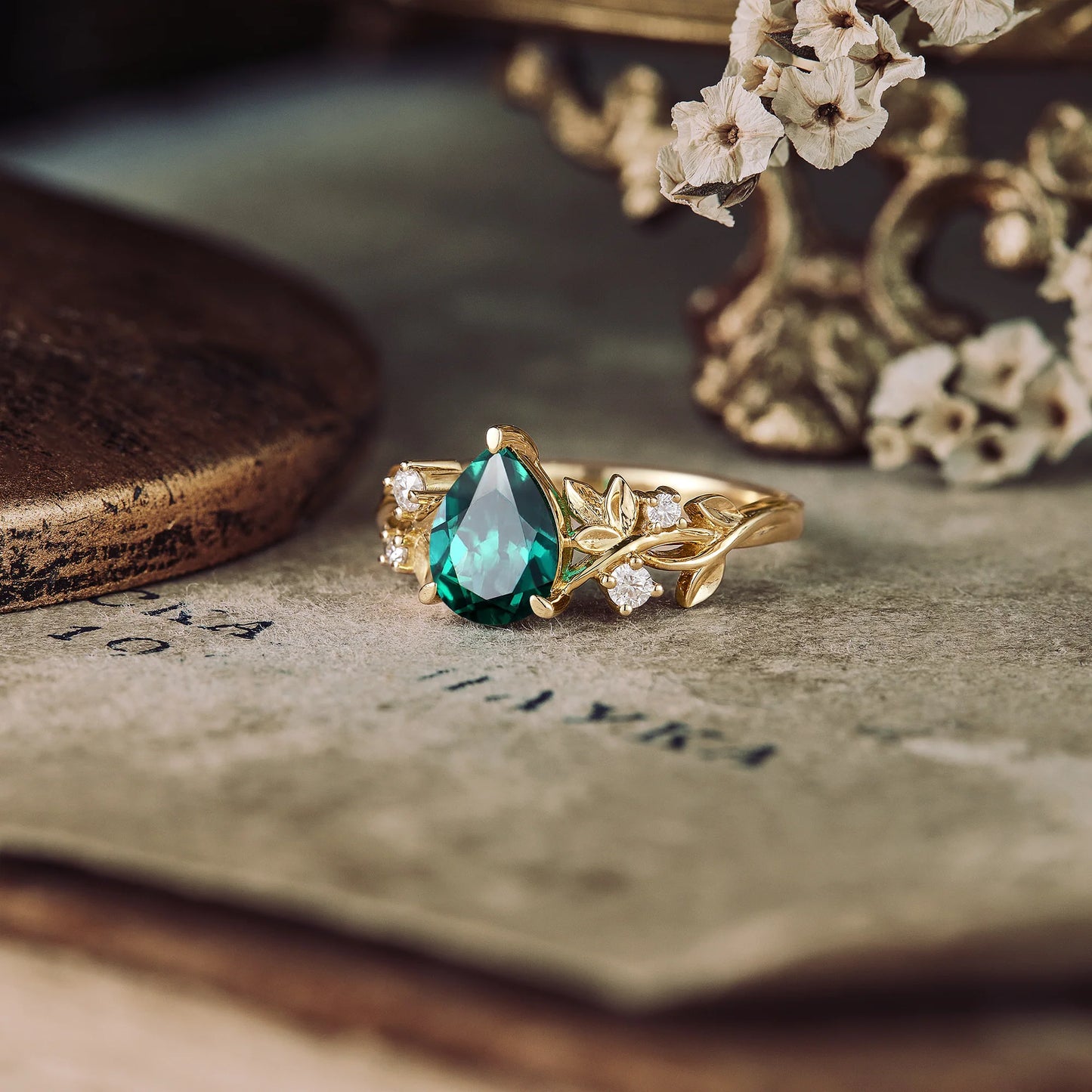 Art Deco Emerald Engagement Promise Ring For Women 18K Yellow Gold Vermeil May Birthstone Ring For Mom