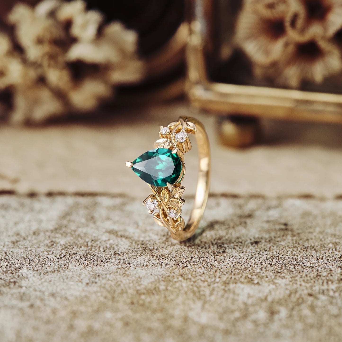 Art Deco Emerald Engagement Promise Ring For Women 18K Yellow Gold Vermeil May Birthstone Ring For Mom