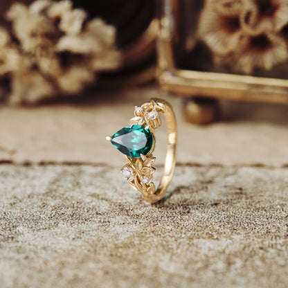Art Deco Emerald Engagement Promise Ring For Women 18K Yellow Gold Vermeil May Birthstone Ring For Mom