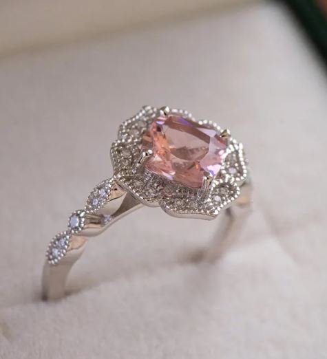 Vintage Morganite Engagement Ring in Sterling Silver - June Birthstone Birthday Gift For Her