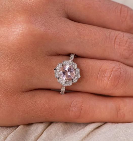 Vintage Morganite Engagement Ring in Sterling Silver - June Birthstone Birthday Gift For Her