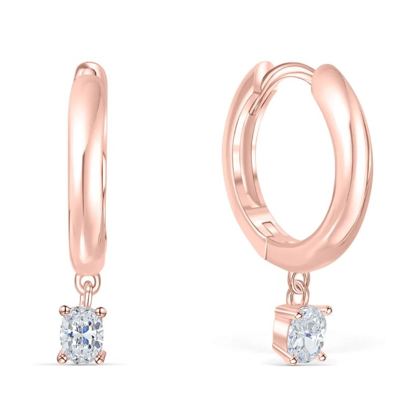 Oval Shaped Diamond Dangle Hoop Earring in 925 Sterling Silver with 18k Rose Gold Plating - Gift For Mom