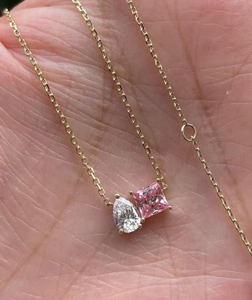 Pink Princess & Pear Diamond Toi Et Moi Pendant Necklace in 14K Rose Gold Finish - Gift For Her