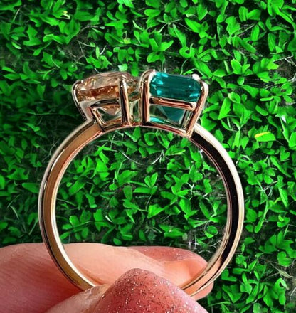 Champagne & Green Emerald Two Stone Wedding Ring in 14k Rose Gold Finish - Toi Et Moi Ring For Girlfriend