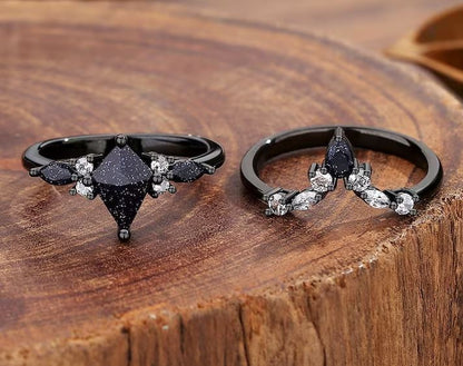 Galaxy Sandstone Ring in Black Rhodium - Blue Sandstone Engagement Ring Set - Nebula Ring