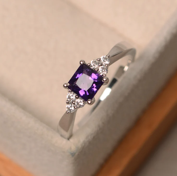 Princess Cut Amethyst Engagement Ring in Sterling Silver February Birthstone Anniversary Gift For Her