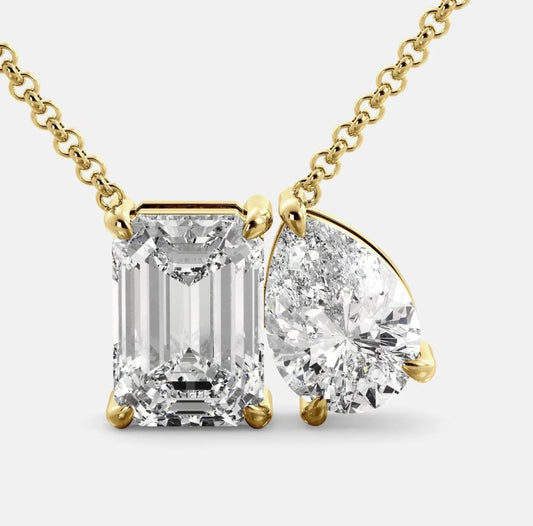 Toi et Moi Diamond Necklace in 14K Yellow Gold Finish - Gift For Her