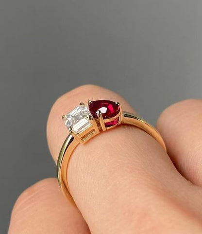 Ruby Pear & White Emerald Diamond Toi Et Moi Engagement Ring in 14k Yellow Gold Finish - Mothers Day Gift Idea