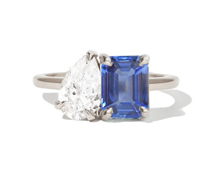 Sapphire Emerald & Pear Diamond Toi et Moi Ring in 925 Sterling Silver