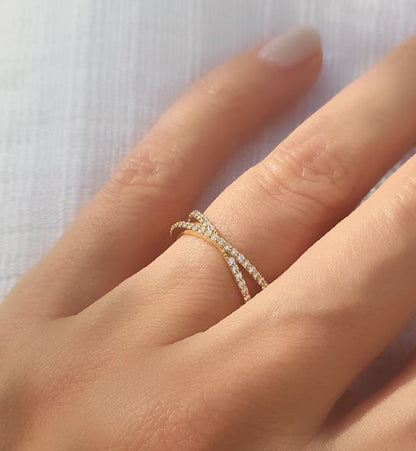 Diamond Crossover Ring in 14K Yellow Gold Finish - Double Eternity Ring - Gift For Love