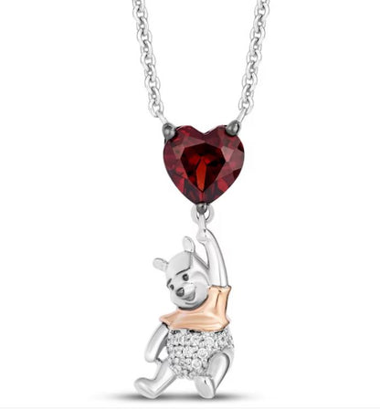 Disney Treasures Winnie the Pooh Heart-Shaped Garnet & Diamond Accent Necklace Sterling Silver