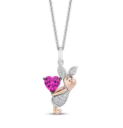 Enchanted Treasures Winnie the Pooh Piglet Pink Sapphire & Diamond Women's Gift Pendant Necklace with 18" Chain in 925 Sterling Silver