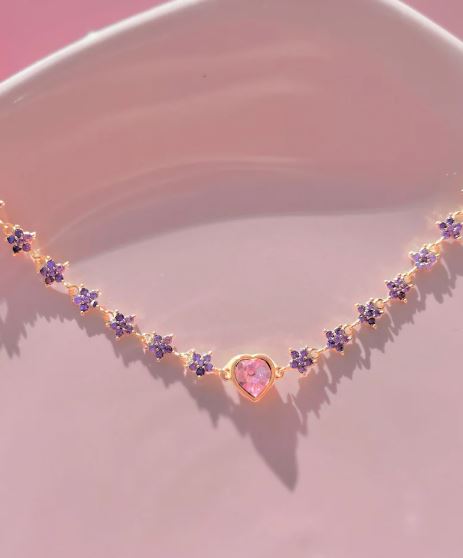 Rapunzel Princess Necklace Purple Flowers & Pink Heart Choker Necklace in 14K Yellow Gold Plated in 925 Sterling Silver - Anniversary Gift