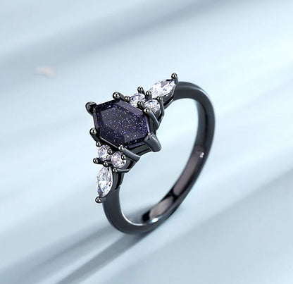 Orion Nebula Ring - Hexagon Cut Blue Sandstone Ring Black Plated Engagement Ring Gift For Her