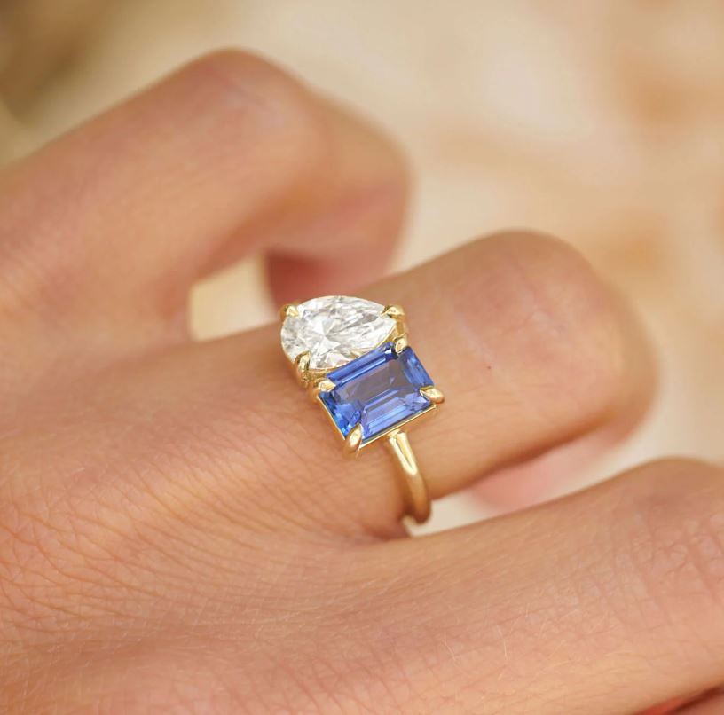 Sapphire Emerald & Pear Diamond Toi et Moi Ring in 925 Sterling Silver