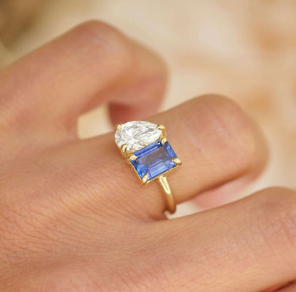 Sapphire Emerald & Pear Diamond Toi et Moi Ring in 925 Sterling Silver