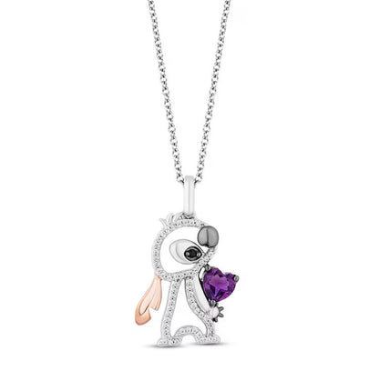 Lilo & Stitch Amethyst & Diamond Necklace in 925 Sterling Silver - Gift For Her