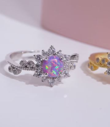 Purple Opal & Diamond Princess Magic Sunflower Engagement Ring in Sterling Silver - Gift For Her